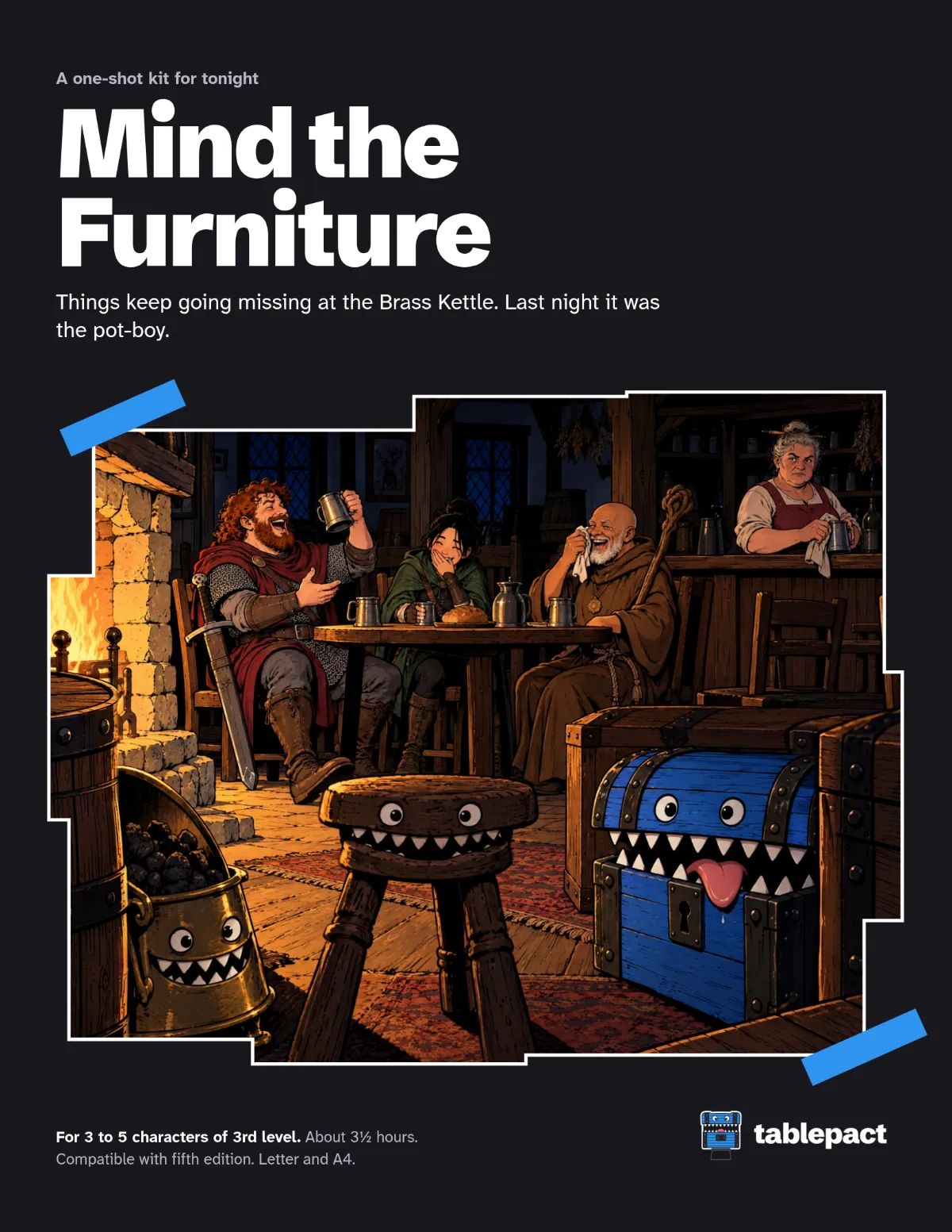 The GM book's cover: the Brass Kettle at night, the heroes laughing at their table while Wenna glowers from the bar and the stool, the coal scuttle and the blue chest in front of them grin. Its words are written out below it.