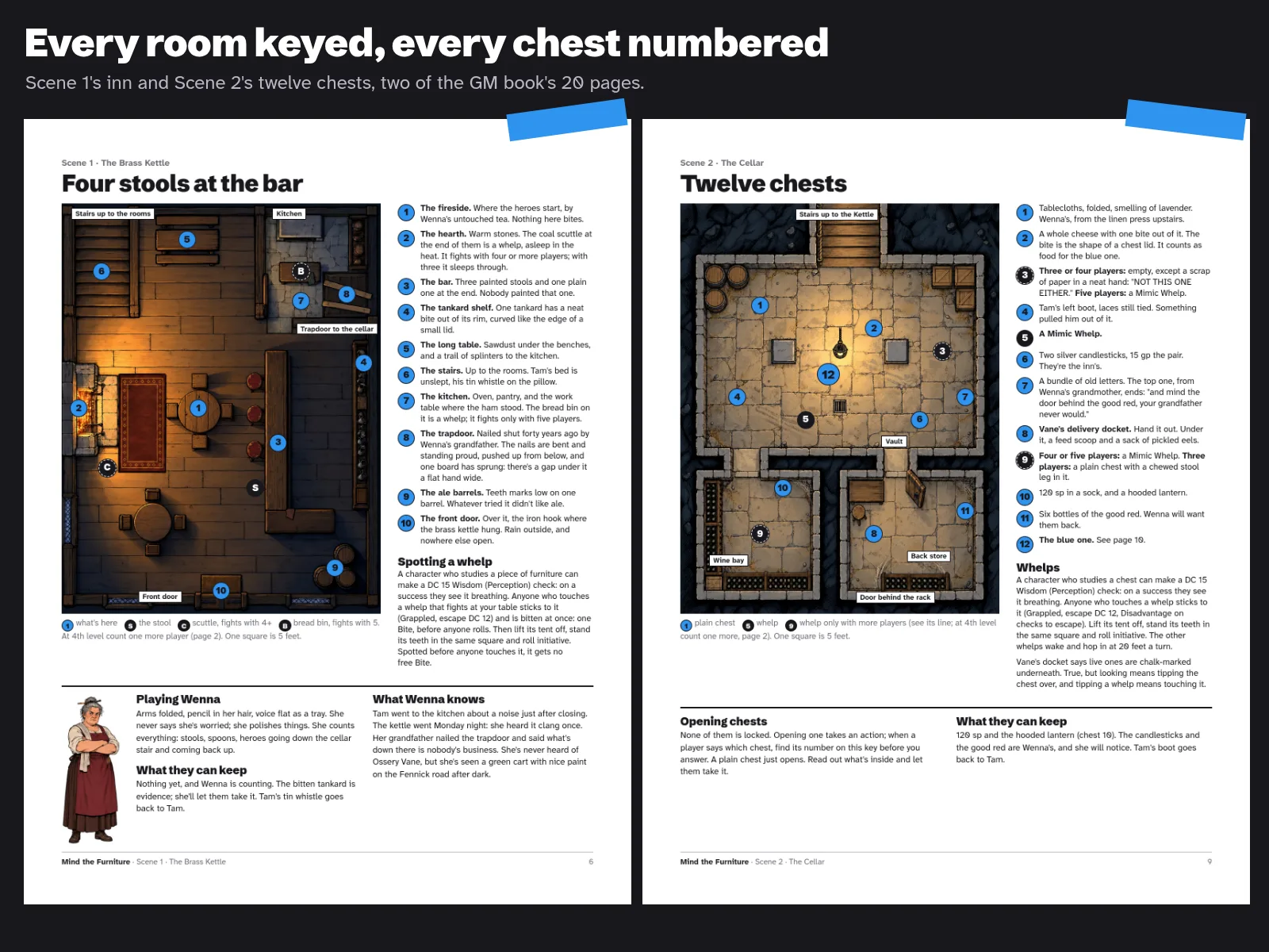 Two GM book pages side by side: Scene 1's key to the Brass Kettle with Wenna, and Scene 2's key to the twelve numbered chests in the cellar. Their words are written out below them.