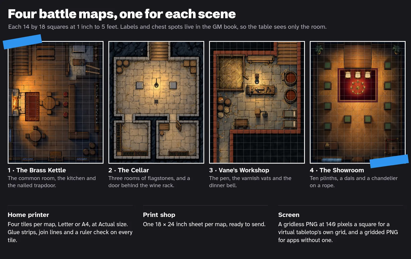 The four battle maps with their grids, the Brass Kettle, the Cellar, Vane's Workshop and the Showroom, and the forms each comes in: Letter and A4 tiles, an 18 x 24 inch print-shop sheet, a gridless PNG and a gridded PNG. Their words are written out below it.