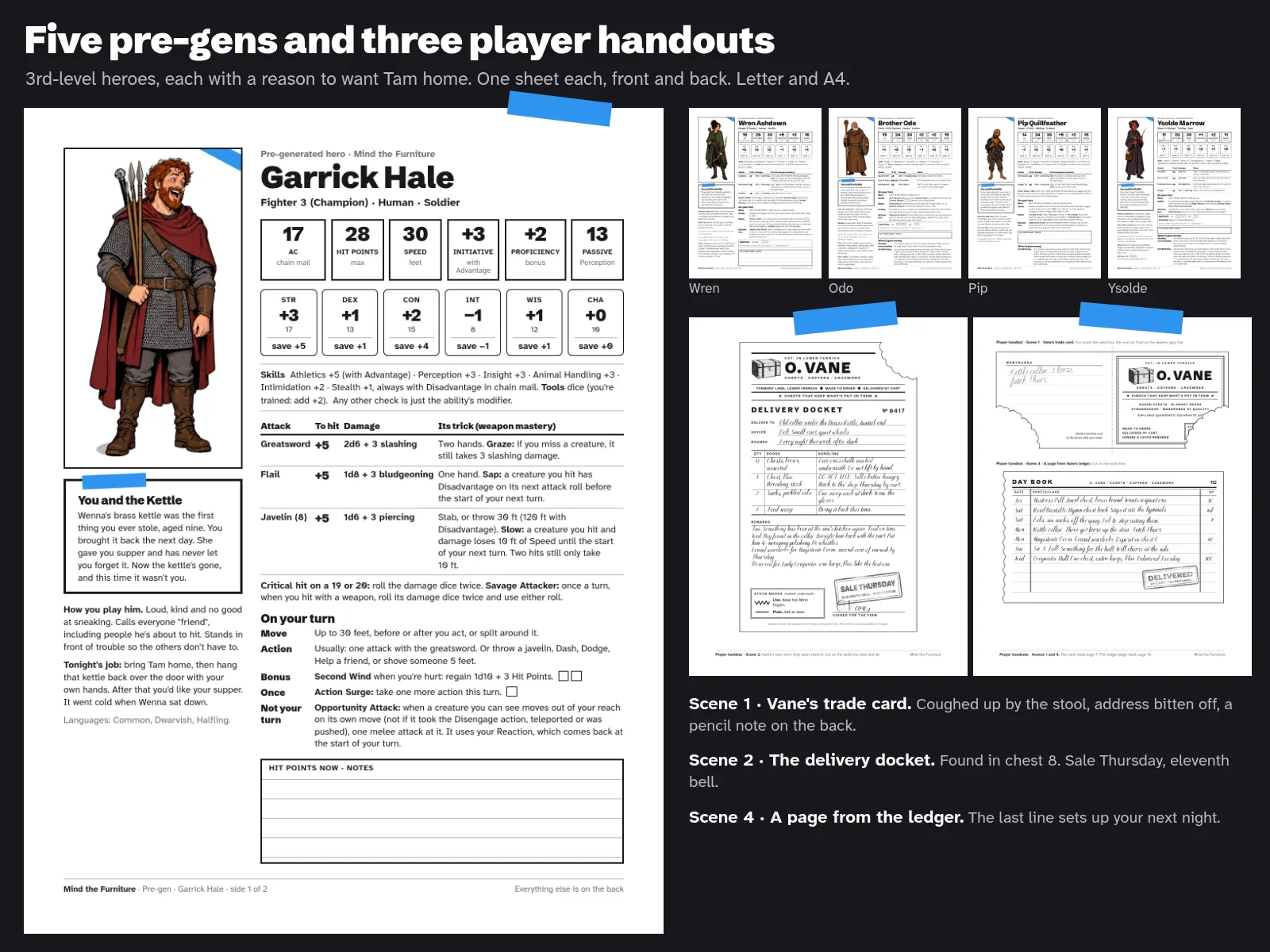 Garrick Hale's character sheet front large enough to read, the fronts of the other four heroes beside it, and the two handout sheets: Vane's hand-filled delivery docket, and his trade card with a page from his ledger. Their words are written out below it.