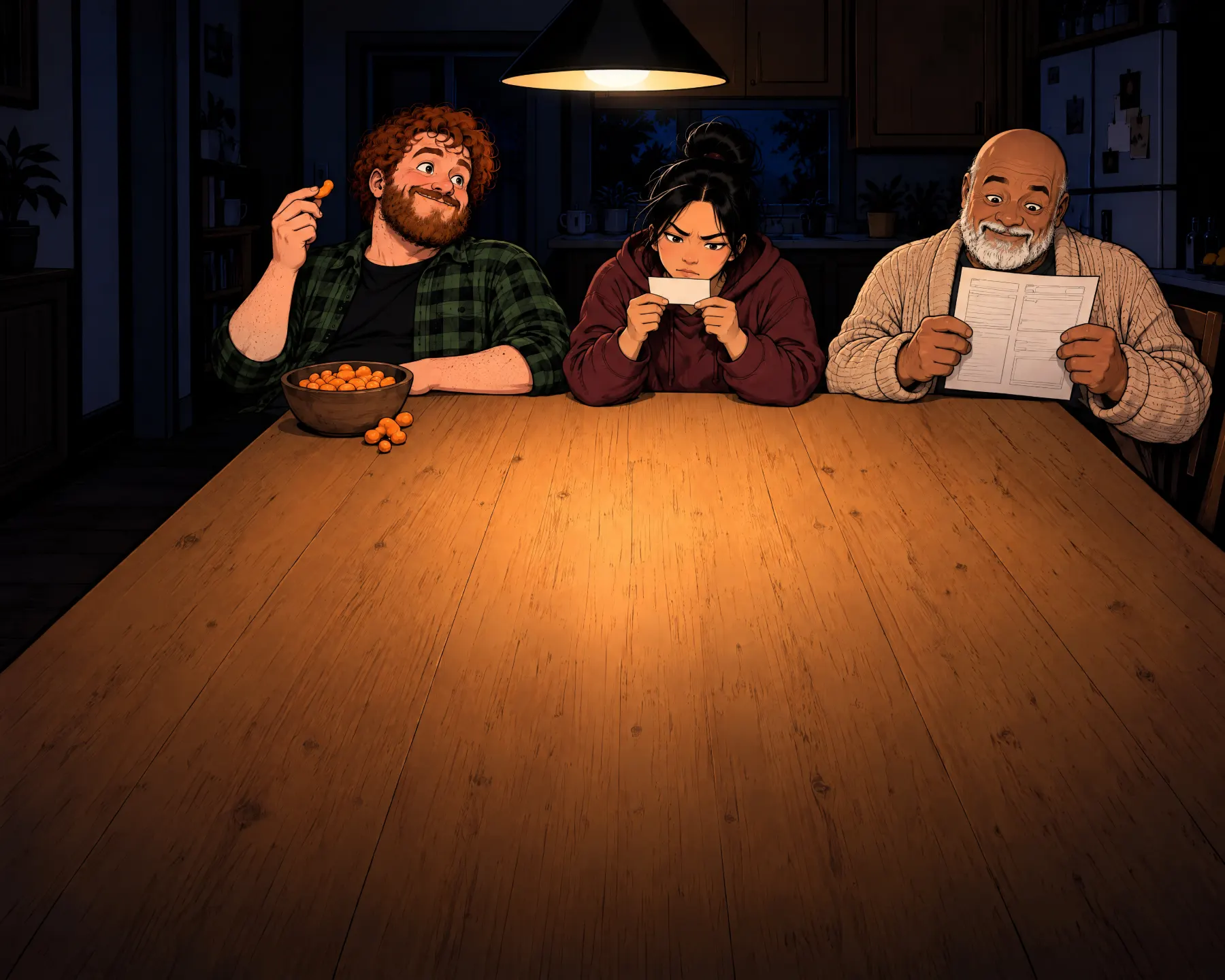 The break at the kitchen table under the pendant lamp: Owen pops a cheese puff, Mei reads a small card and Gus studies a sheet, a bowl of cheese puffs between them.