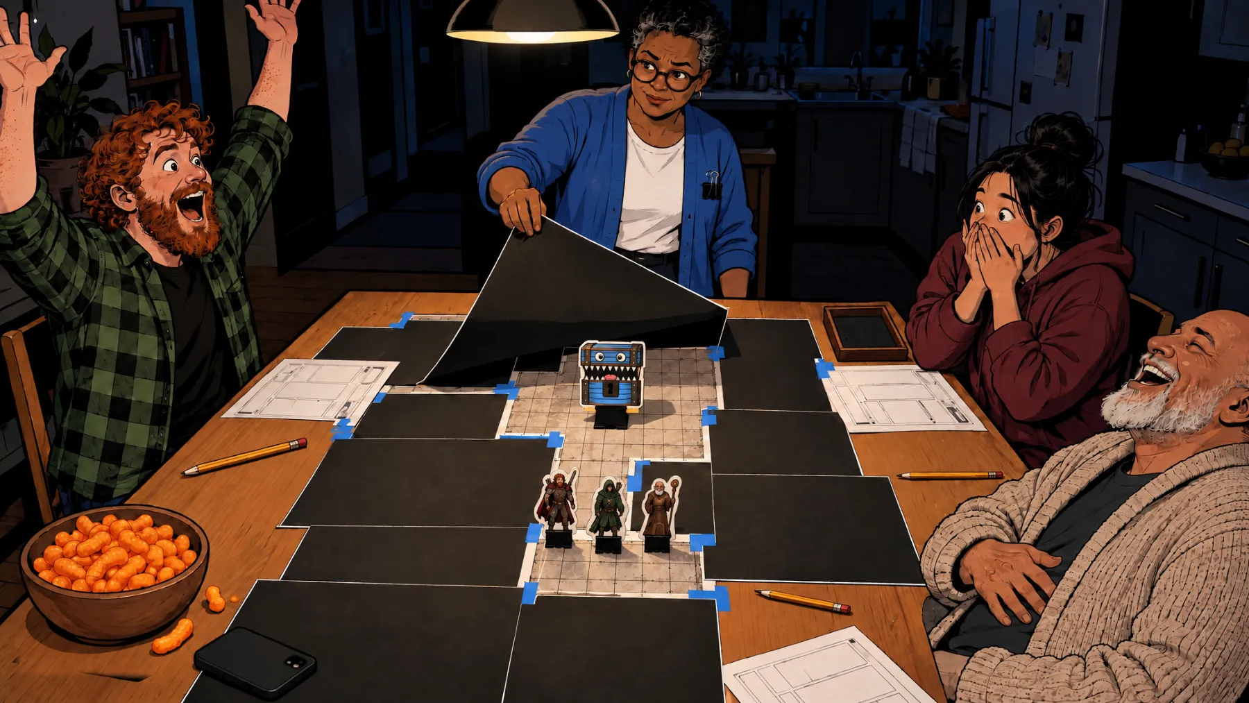 Game night at the kitchen table: the GM lifts a sheet of black paper off the next room of a taped-up battle map, a blue chest waiting under it. Owen throws his arms up, Mei clutches her hoodie and Gus laughs.