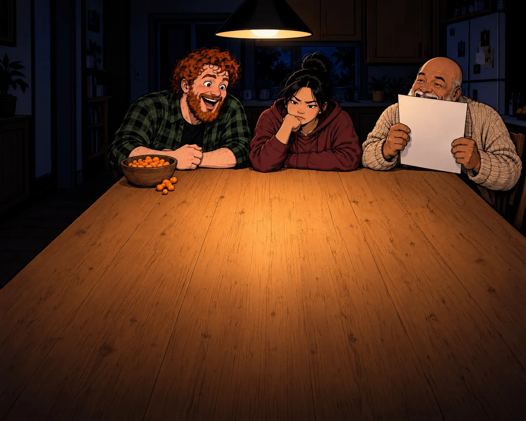The kitchen table at night under its pendant lamp, the long wooden top clear. At the far end Owen grins, Mei rests her chin on her hand and Gus reads a sheet.