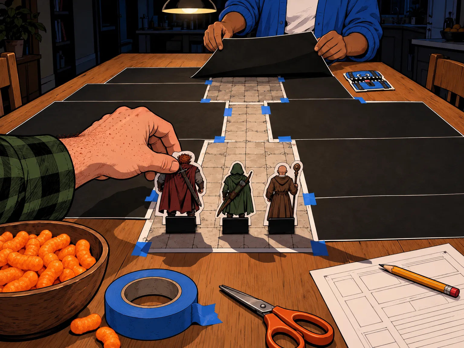 Setting up before the players arrive: a hand stands three paper hero standees in binder clips on a taped-up battle map while the GM lays black paper over the rooms. Beside the map, a bowl of cheese puffs, a roll of blue painter's tape, scissors and a character sheet with a pencil.
