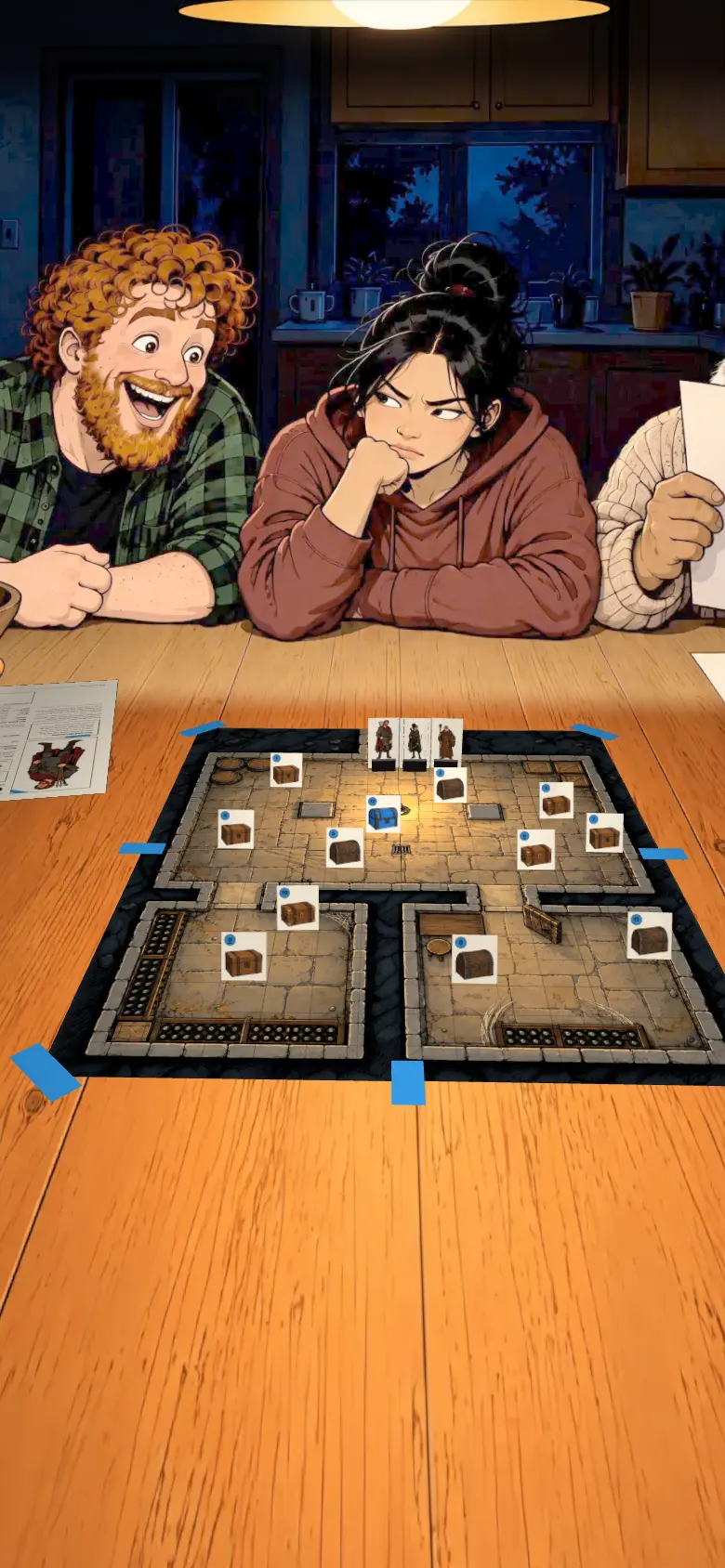A kitchen table at night under one pendant lamp. The Cellar battle map is taped together on the table with twelve paper chest tents on it, one of them blue, and three hero standees in binder clips at the stairs. At the far end Owen grins, Mei narrows her eyes and Gus peeks over his character sheet.