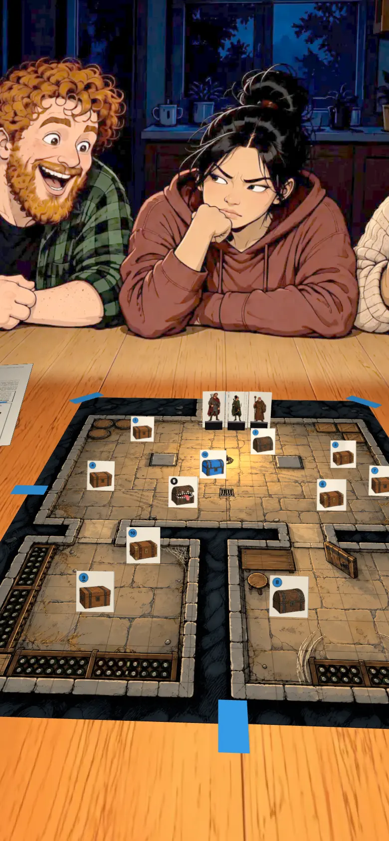The cellar map at the table: chest 5's plain tent lies knocked flat and its teeth tent stands in the square, a toothy chest with its tongue out. At the far end Owen grins with delight and Mei side-eyes the GM.
