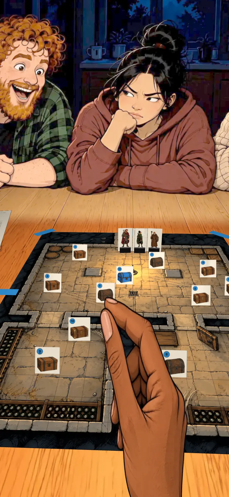 Dana's fingertip slides chest 5's plain tent one square closer to the heroes on the cellar map while the players are busy with their sheets.