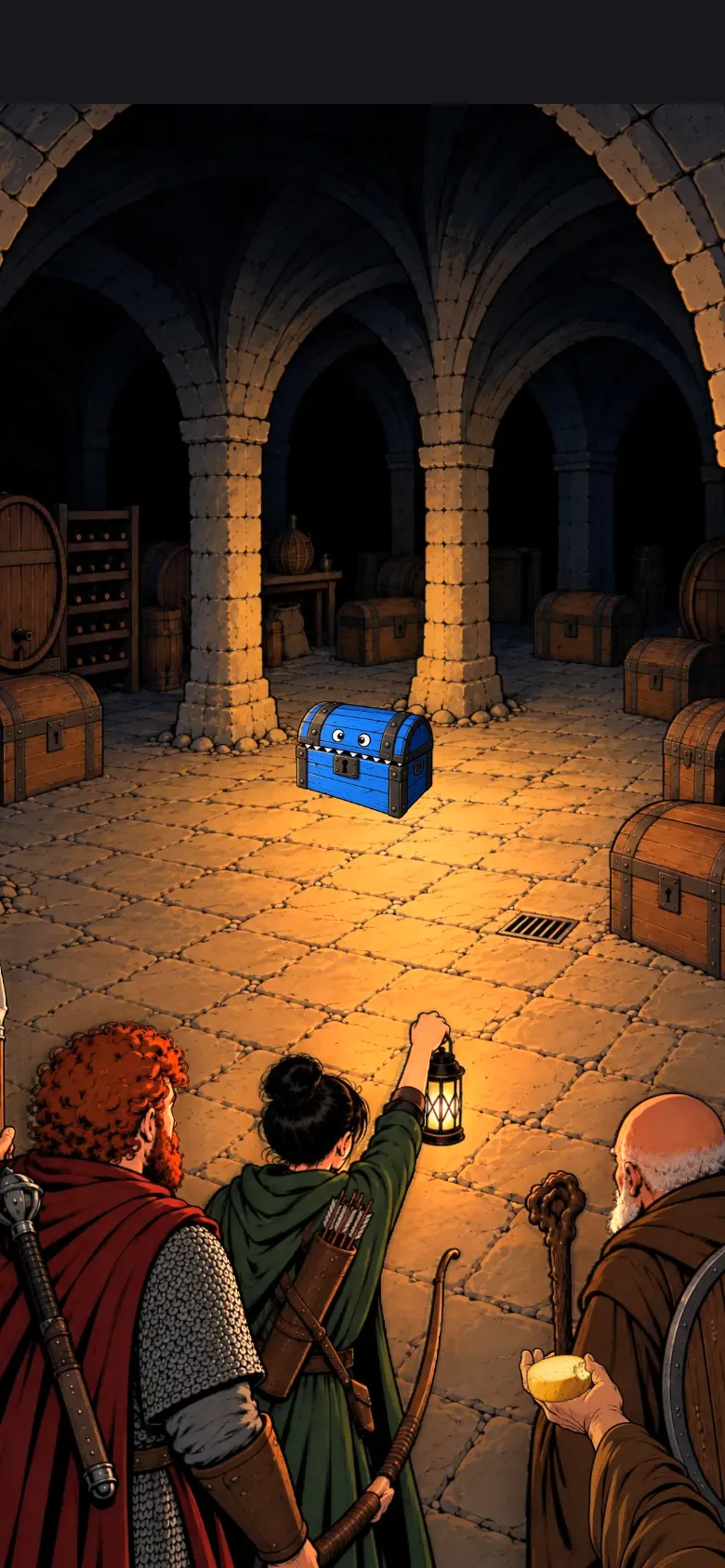 Inside the story: Garrick, Wren with her lantern held high and Brother Odo at the foot of the cellar stairs, looking into a vault of brown chests where one small blue chest sits on the flagstones in the lantern light. Odo holds out a bitten cheese.