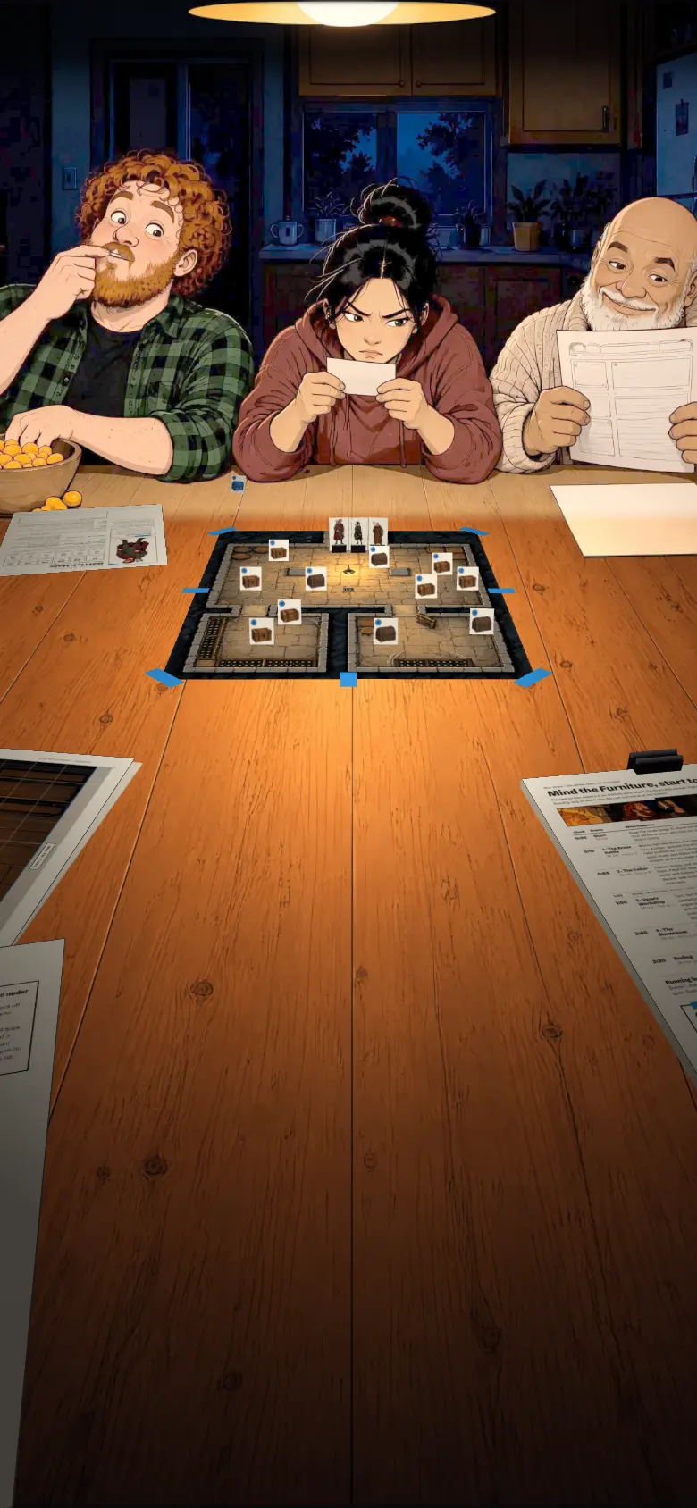 The whole table at the break: the taped Cellar map with its tents and heroes, the blue tent standing by the cheese puffs, the GM book with the run sheet on top and the teeth tucked under it, the Brass Kettle tiles, a minis page and Garrick's sheet. Mei squints at a card, Gus reads the sheet in his hands and Owen eats a cheese puff.