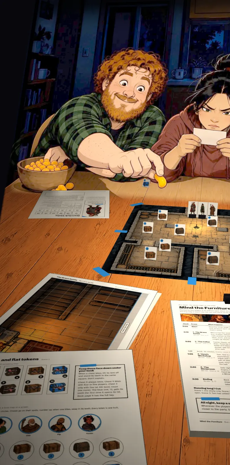 At the break Owen leans across the table and holds a cheese puff out to the little blue chest tent standing by the map, grinning; Mei watches him, worried, and Gus smiles over the sheet in his hands.